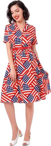 Women 50s Fourth of July American Flag Dress 1950s Audrey Hepburn Notch Lapel Vintage V-Neck Cocktail Swing Dress with Belt in Saudi Arabia