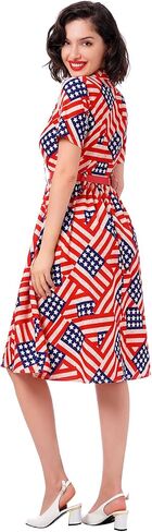 Women 50s Fourth of July American Flag Dress 1950s Audrey Hepburn Notch Lapel Vintage V-Neck Cocktail Swing Dress with Belt in Saudi Arabia