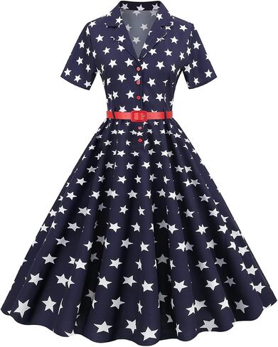 Women 50s Fourth of July American Flag Dress 1950s Audrey Hepburn Notch Lapel Vintage V-Neck Cocktail Swing Dress with Belt in Saudi Arabia