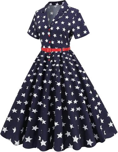Women 50s Fourth of July American Flag Dress 1950s Audrey Hepburn Notch Lapel Vintage V-Neck Cocktail Swing Dress with Belt in Saudi Arabia