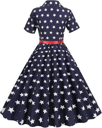 Women 50s Fourth of July American Flag Dress 1950s Audrey Hepburn Notch Lapel Vintage V-Neck Cocktail Swing Dress with Belt in Saudi Arabia