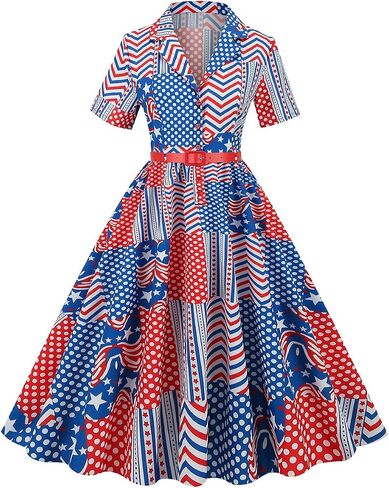 Women 50s Fourth of July American Flag Dress 1950s Audrey Hepburn Notch Lapel Vintage V-Neck Cocktail Swing Dress with Belt in Saudi Arabia