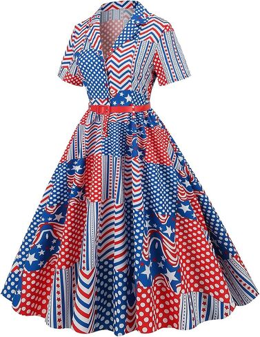 Women 50s Fourth of July American Flag Dress 1950s Audrey Hepburn Notch Lapel Vintage V-Neck Cocktail Swing Dress with Belt in Saudi Arabia