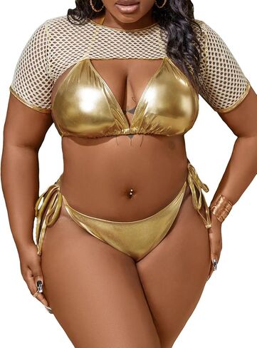 Women's Plus Size 3 Piece Solid Halter Bikini Triangle Set with Beach Cover Up Top Backless Swimsuit in Saudi Arabia