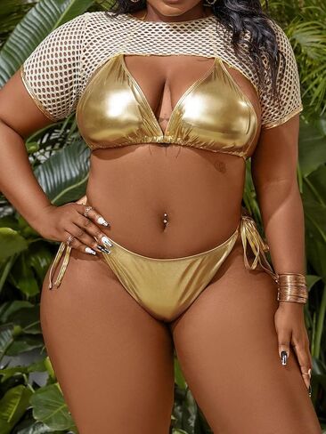 Women's Plus Size 3 Piece Solid Halter Bikini Triangle Set with Beach Cover Up Top Backless Swimsuit in Saudi Arabia