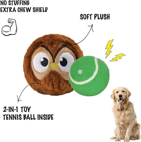 HugSmart Pet - كرة حديقة الحيوان | كرة تنس 2 في 1 قطيفة وتصدر أصواتًا للكلاب | ألعاب الكلاب التفاعلية القوية غير المحشوة للكلاب الصغيرة والمتوسطة والكبيرة (البومة) in Kuwait