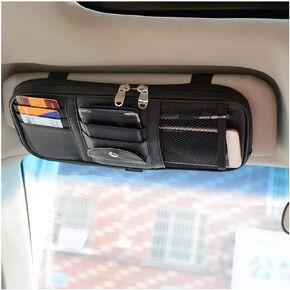 Car Sun Visor Organizer Bag,PU Leather Universal Auto Interior Accessories Pocket Organizer,Multi-Function Registration and Document Holder Pouch,Sunglasses Ticket Documents Pen Card Holder (Black)