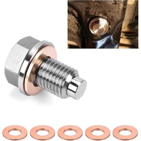 M12×1.25 Magnetic Oil Drain Plug, Aluminum Stainless Steel Sump Drain Nut Bolt with 5 Copper Crush Washer, Universal Leak-proof Replacement Car Accessories for Most Vehicles