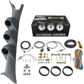 GlowShift Diesel Gauge Package Compatible with Ford Super Duty F-250 F-350 6.0L 7.3L Power Stroke 1999-2007 - White 7 Color 60 PSI Boost, 2400F EGT & Transmission Temp Gauges - Gray Triple Pillar Pod