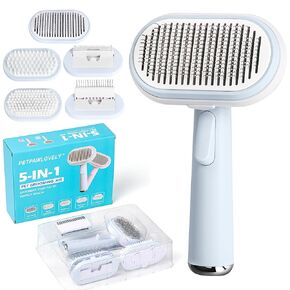 5 IN 1 Pet Grooming Brush Kit,Dog&Cat Self Cleaning Slicker Brush for Shedding.Dematting&Deshedding Comb,Bath&Bristle Brush,Suitable for Small&Large,Long&Short Haired Pets. (Blue)