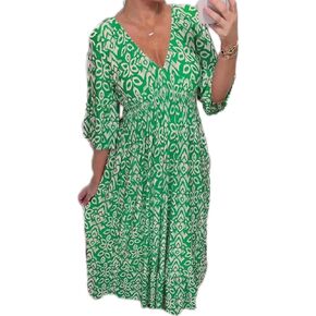 Summer Dresses for Women 2024 Casual V Neck Floral Bohemian Wrap 3/4 Sleeve Midi Boho Dress