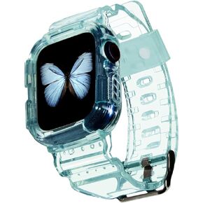 Blingbrione Clear Case with Band Compatible Apple Watch 45mm 38mm 40mm 41mm 42mm 44mm Women Men Girl,Silicone Jelly Transparent Soft Soprt Strap with Cover for iWatch Series 9 8 7 6 5 4 3 2 1 SE Blue Pink Green Orange