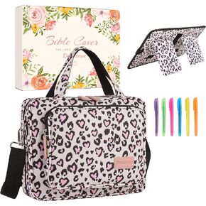 Upgrade Bible Cover Case for Women, w/Shoulder Strap and Book Stand, Carrying Book Case Church Bag, Leopard Print