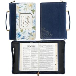 Christian Art Gifts Fashion Vegan Leather Bible Cover Case for Women: Strength & Dignity Gold Inspirational Scripture, Sturdy Easy Carry Book Bag, Pen Loops, Pockets, Navy Blue & White Floral, Large