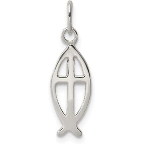 Solid 925 Sterling Silver Ichthus Fish Cross Charm Pendant - 18mm x 6mm