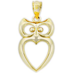 Gold Owl with Heart Charm - 10 Karat Solid Gold - Owl Pendant