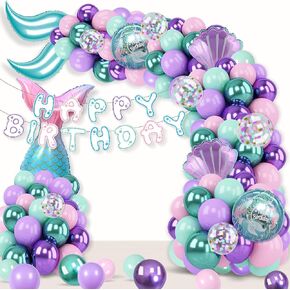 Fressdai Sea-Maid Birthday Decorations Balloon Arch Kit - Pink Purple Green Foil Balloons plus Happy Birthday Banner Little Sea-Maid Party Supplies for Girl(3 years old)
