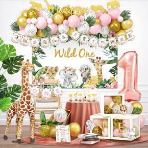 130 PCs Wild One Birthday Decorations Girl, Hombae Safari Jungle Theme 1st Birthday Party Backdrop Balloon Garland Leaves Monthly Photo Highchair Banner Box Cutout Crown Cake Cupcake topper Pink Gold