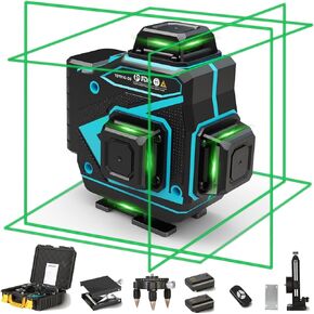 Tile Laser Level 360 Self-leveling - Floor 4 x 360 Green Beam Cross Line Lazer Leveler Tool - 16 lines 4D Ceiling Nivel Laser for Construction with 2 Batteries and Hard-Sided Case