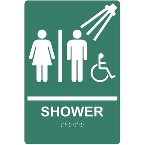 ComplianceSigns.com Shower Sign, ADA-Compliant Braille and Raised Letters, 9x6 inch White on Black Acrylic with Adhesive Mounting Strips