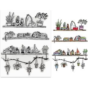Bookshelves Clear Stamps for Card Making and Photo Album Decorations, Hanging Pots Stamps, Books Transparent Silicone Clear Stamps for Crafting and DIY Scrapbooking