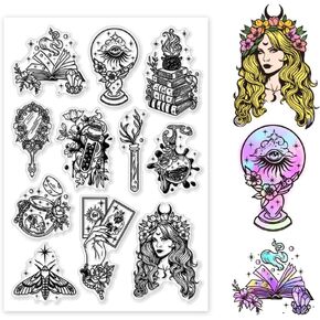 PH PandaHall Witchcraft Clear Stamps, Witchcraft Magical Rubber Stamp Silicone Stamp Cards Spellbook Candle Rubber Stamps for Card Making Photo Album Decoration and DIY Scrapbooking