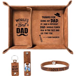 3 Pcs World's Best Dad Gifts Valet PU Leather Tray Keychain Wristband Gifts for Dads Set from Daughter Son Kids Husband Men Presents for Father's Day Dad Fathers Birthday Gifts Supplies