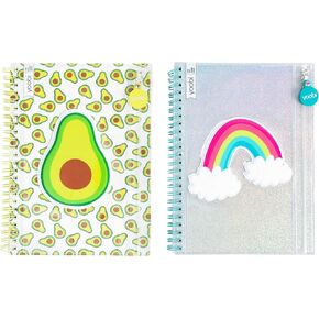 Yoobi College-Ruled Spiral Notebooks with Pencil Zipper Pouches | Fun Green Avacado Print | Cute Rainbow Glitter | 2-Pack | 60 Sheets, Multicolor