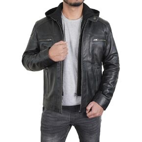 Real Lambskin Leather Jacket Men Moto Stylish Removable Hood
