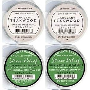 Bath and Body Works Mahoganny Teakwood & Stress Relief Eucalyptus Spearmint Scentportable Fragrance Refill. 0.2 Oz