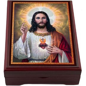 Needzo Rosary Box Sacred Heart of Jesus Wooden Icon Box, Rosary Jewelry Prayer Bead Keepsake Box 5 1/16 Inch, Religious Gift Idea For Man, Woman