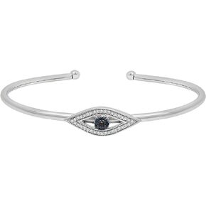 1/6 CTTW Blue & Black Diamond Evil Eye 6.5" Flexible Bangle Bracelet Set in Sterling Silver, Dainty Jewelry for Women, Women’s Fashion Bracelets, Diamond Luxury Bangle for Women