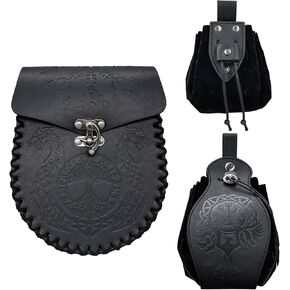 3 PCs Medieval Faux Leather Belt Bag Set, Renaissance Drawstring Pouch Dice Bag, Vintage Side Pack Coin Purse for LARP (Black A)