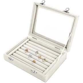 Jewelry Box Rings Organizer Tray 7 Slots Velvet Jewelry Earring Storage Box With Transparent Lid Jewelry Display Case for Girls Women (Purple)