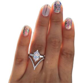 AZQ 925 Sterling Silver Shining Ring V letter Shape 3Ct Cubic Zirconia Promise Rings CZ Drop shape Eternity Engagement Wedding Band Ring for women
