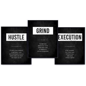 Motivational Office Quotes Wall Decor - Hustle Wall Art for Men - Motivational quote - Motivational Office Decor - Motivational poster Set 8x10 - Black Office Decor - Man cave Sign - Home Gym Decor