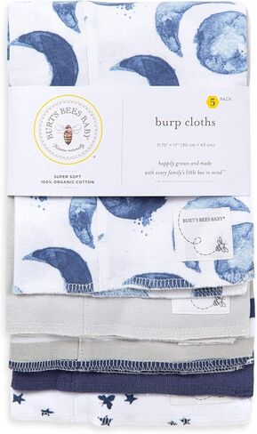 Burt's Bees Baby - Burp Cloths, 5-Pack Extra Absorbent 100% Organic Cotton Burp Cloths (Hello Moon!) & Washcloths, Absorbent Knit Terry, Super Soft 100% Organic Cotton in Saudi Arabia