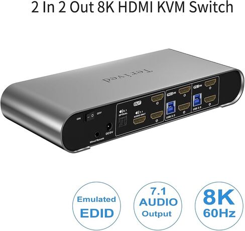 2 Computers 1 HDMI Monitor Automatic KVM Switch 8K@60Hz, Hotkey Switching, EDID, Support 5.1/7.1 Audio and Microphone, Aluminum Shell with Digital Display, USB 3.0 Hub, HDR10 with Cables in Saudi Arabia