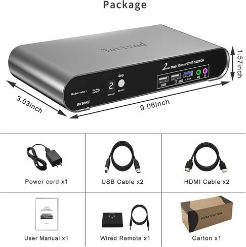 2 Computers 1 HDMI Monitor Automatic KVM Switch 8K@60Hz, Hotkey Switching, EDID, Support 5.1/7.1 Audio and Microphone, Aluminum Shell with Digital Display, USB 3.0 Hub, HDR10 with Cables in Saudi Arabia