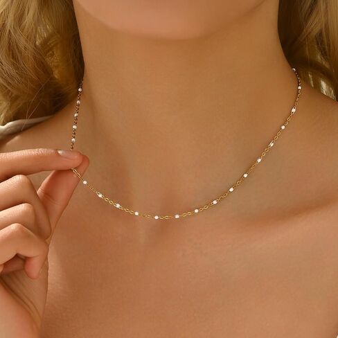 Gold Chain Necklace for Women, Dainty Gold Thin Satellite Beaded Turquoise Necklace Simple Gold Boho Jewelry Gifts for Girls in Saudi Arabia