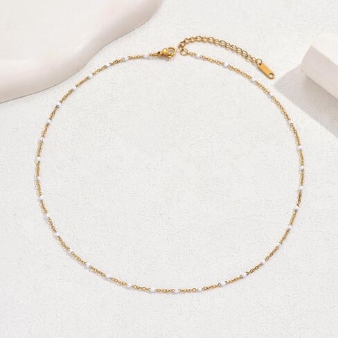 Gold Chain Necklace for Women, Dainty Gold Thin Satellite Beaded Turquoise Necklace Simple Gold Boho Jewelry Gifts for Girls in Saudi Arabia