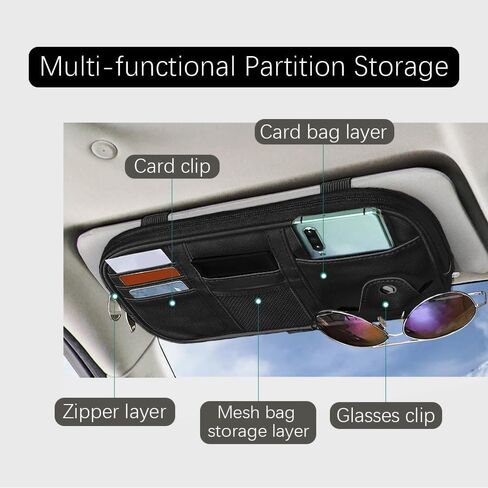 Car Sun Visor Organizer, Auto Interior Accessories Pocket Organizers, Auto Car Visor Pocket with Multi-Pocket Net Zippers, Sunglass Holder and Storage Pocket Fit for Most Cars, Trucks, SUVs (Black) in Saudi Arabia