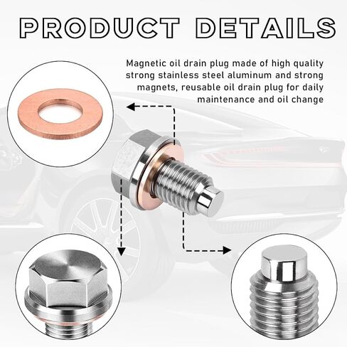 M12×1.25 Magnetic Oil Drain Plug, Aluminum Stainless Steel Sump Drain Nut Bolt with 5 Copper Crush Washer, Universal Leak-proof Replacement Car Accessories for Most Vehicles in Saudi Arabia