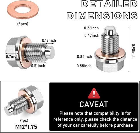 M12×1.25 Magnetic Oil Drain Plug, Aluminum Stainless Steel Sump Drain Nut Bolt with 5 Copper Crush Washer, Universal Leak-proof Replacement Car Accessories for Most Vehicles in Saudi Arabia