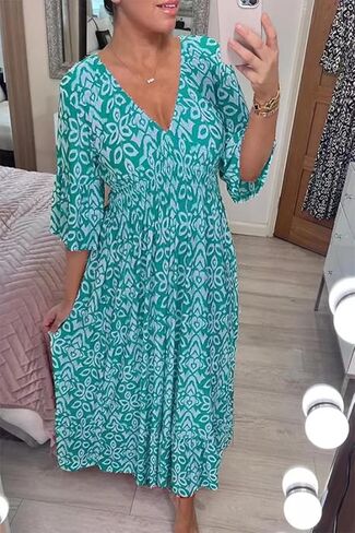 Summer Dresses for Women 2024 Casual V Neck Floral Bohemian Wrap 3/4 Sleeve Midi Boho Dress in Saudi Arabia