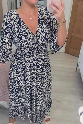 Summer Dresses for Women 2024 Casual V Neck Floral Bohemian Wrap 3/4 Sleeve Midi Boho Dress in Saudi Arabia