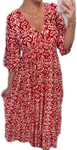 Summer Dresses for Women 2024 Casual V Neck Floral Bohemian Wrap 3/4 Sleeve Midi Boho Dress in Saudi Arabia