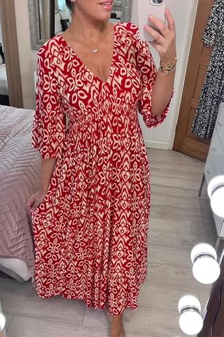 Summer Dresses for Women 2024 Casual V Neck Floral Bohemian Wrap 3/4 Sleeve Midi Boho Dress in Saudi Arabia
