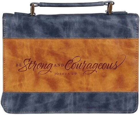 Christian Art Gifts Classic Vegan Leather Bible Cover Carry Case for Men & Women: Strong & Courageous Debossed Inspirational Scripture, Pen Loops, Ribbon Bookmarks, Pockets, Navy Blue & Brown, Medium in Saudi Arabia