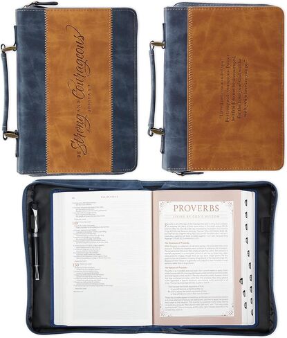 Christian Art Gifts Classic Vegan Leather Bible Cover Carry Case for Men & Women: Strong & Courageous Debossed Inspirational Scripture, Pen Loops, Ribbon Bookmarks, Pockets, Navy Blue & Brown, Medium in Saudi Arabia